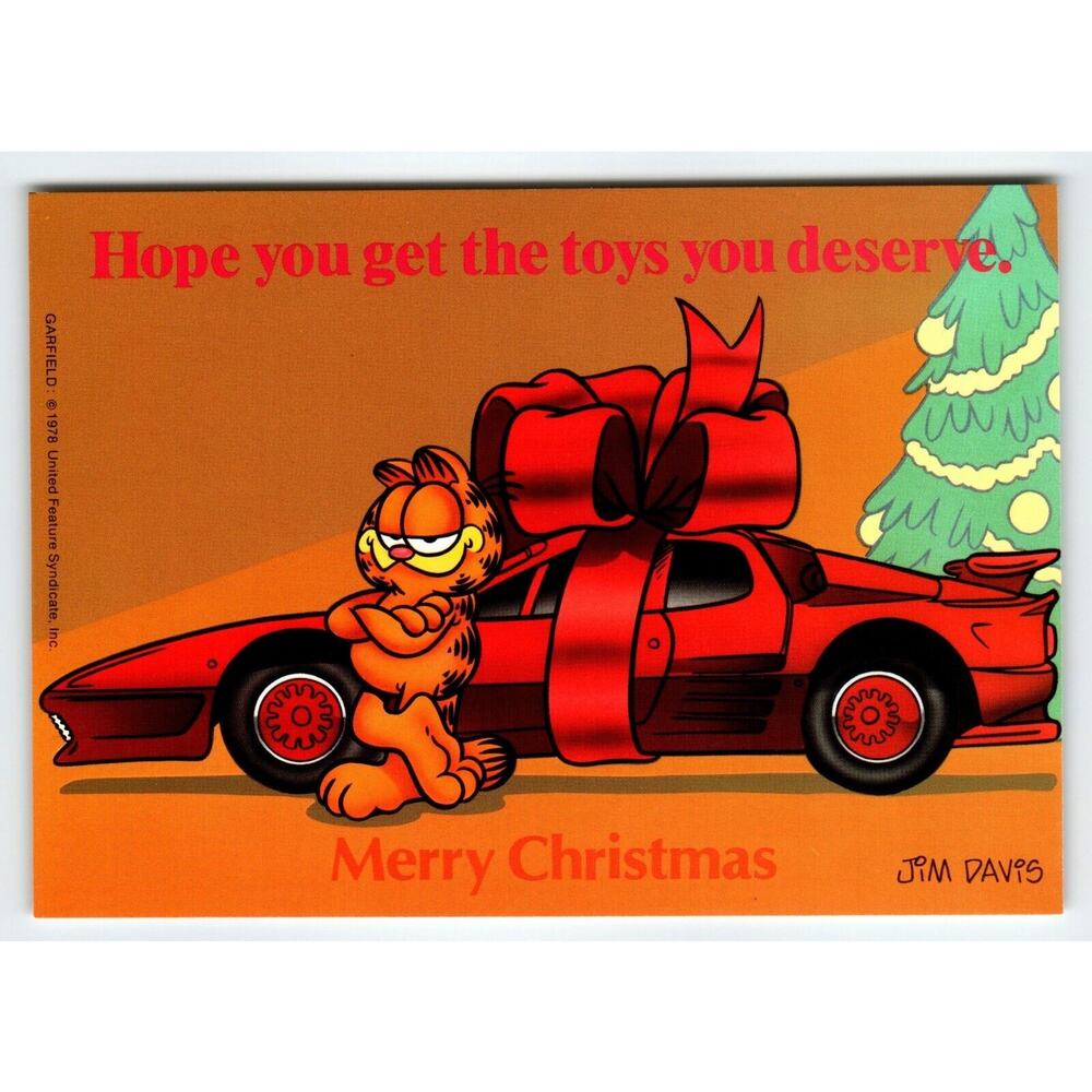 Garfield Christmas Postcard Red Sports Car Jim Davis Comic Orange Tabby Cat 1978